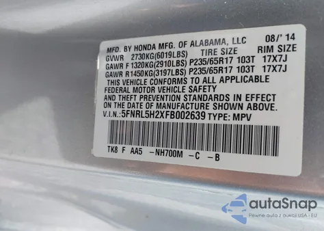 2015 Honda Odyssey Lx z USA, uszkodzony, nr VIN 5FNRL5H2XFB002639